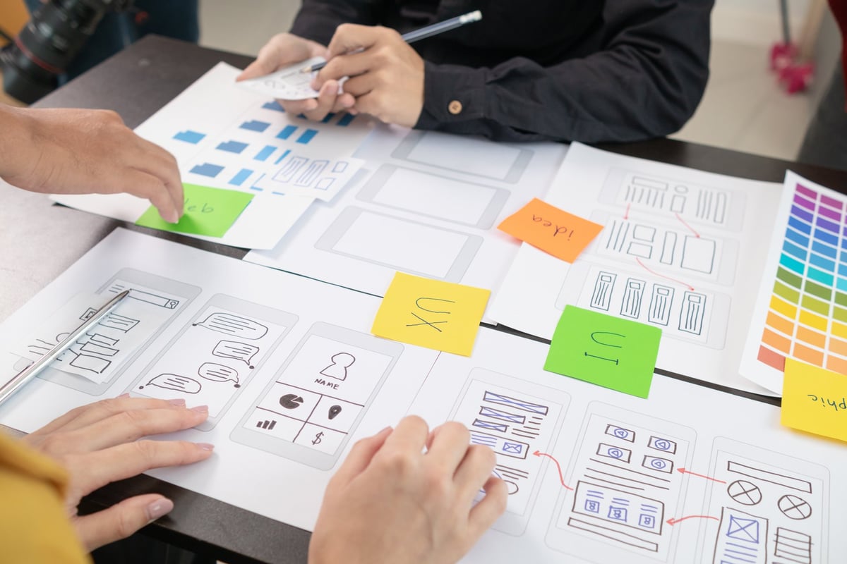 Team of UI UX designers working together to develop mobile responsive websites with wireframes and design previews