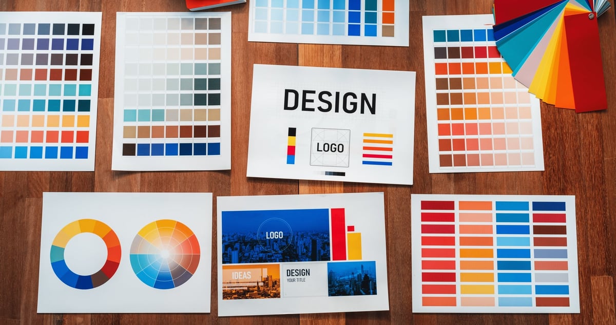 Color palette idea papers arranged on workspace table for graphic design — brand identity swatches and selection