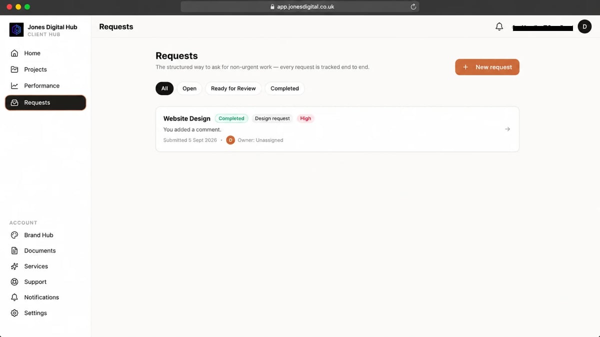 Screenshot of a requests management dashboard showing tabs for Open, Ready for Review, and Completed items with a Website Design request displayed.