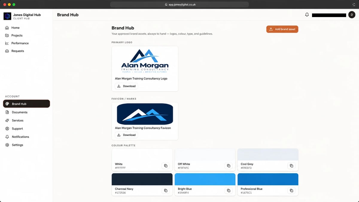 Brand Hub interface showing Alan Morgan company profile with logo, description, and product cards for consulting services