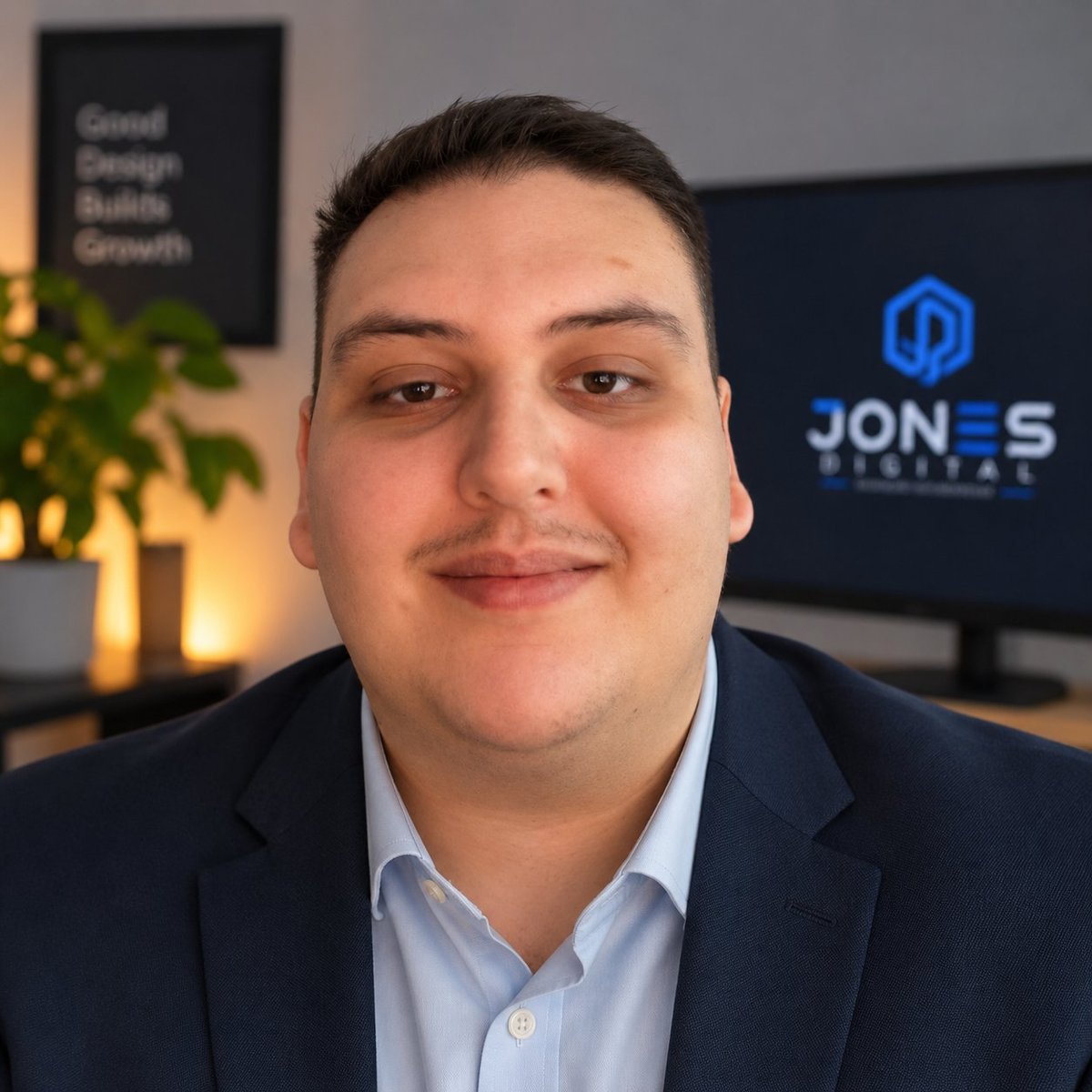 Dan, founder of Jones Digital, sitting at his desk in a dark blazer with the Jones Digital logo visible on the monitor behind him