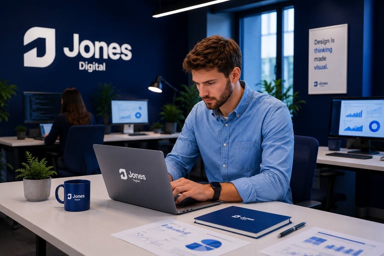 Man in blue shirt working on laptop at Jones Digital office desk with branded mug and notebooks