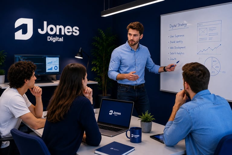 Man in blue shirt presenting to three colleagues at a whiteboard in a Jones Digital office during a business meeting
